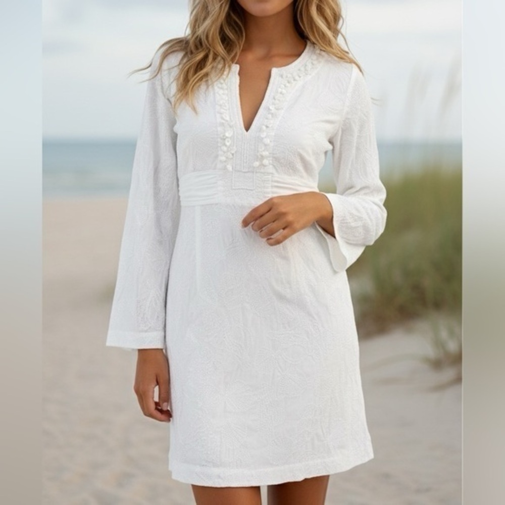 VINTAGE LILLY PULITZER Long Sleeve White Embroidered Shell Beaded Mini Dress XS